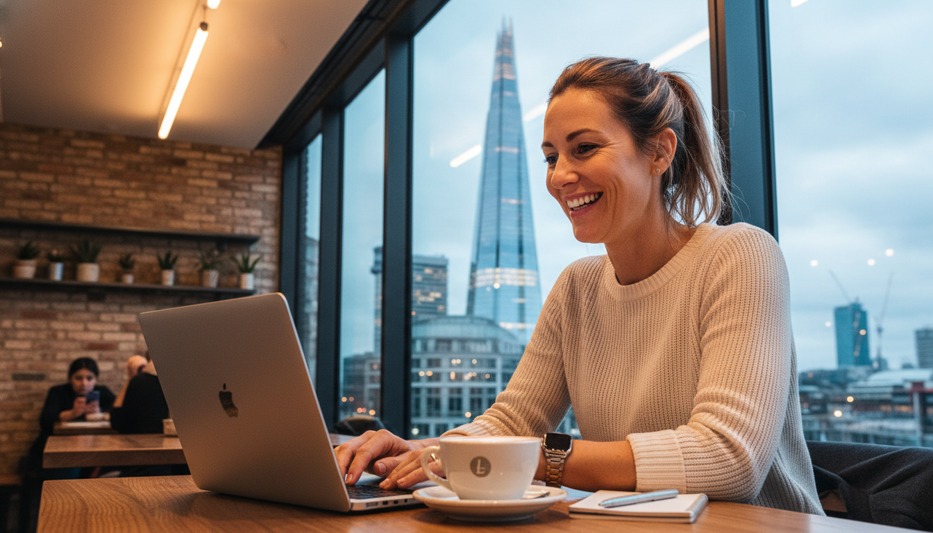 A professional expat entrepreneur smiling while working on a laptop in a modern London cafe with the Shard visible through the window, highly detailed, photorealistic, cinematic lighting.