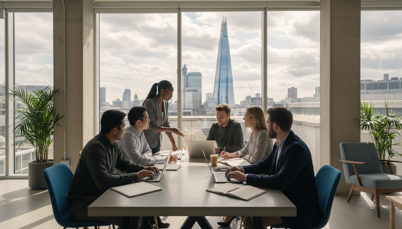 A diverse group of young entrepreneurs collaborating in a bright, modern London co-working space with a view of the Shard through the window, shot in a high-quality, photorealistic style.