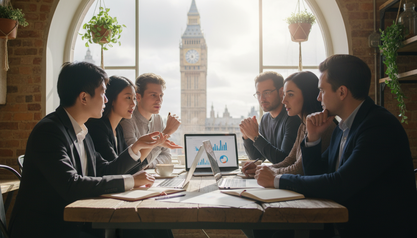 A detailed, photorealistic image of a diverse group of young entrepreneurs sitting around a rustic wooden table in a sunlit London cafe, using laptops and discussing business plans, with Big Ben visible through a blurred window in the background.