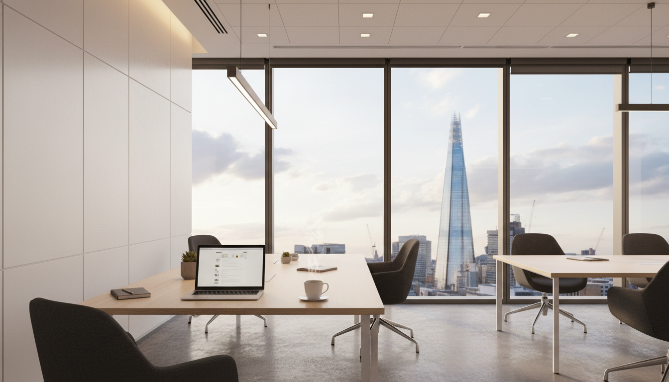 A professional and clean modern office space in London with a view of the Shard through the window, featuring a laptop on a wooden desk and a cup of coffee, photorealistic style, cinematic lighting.