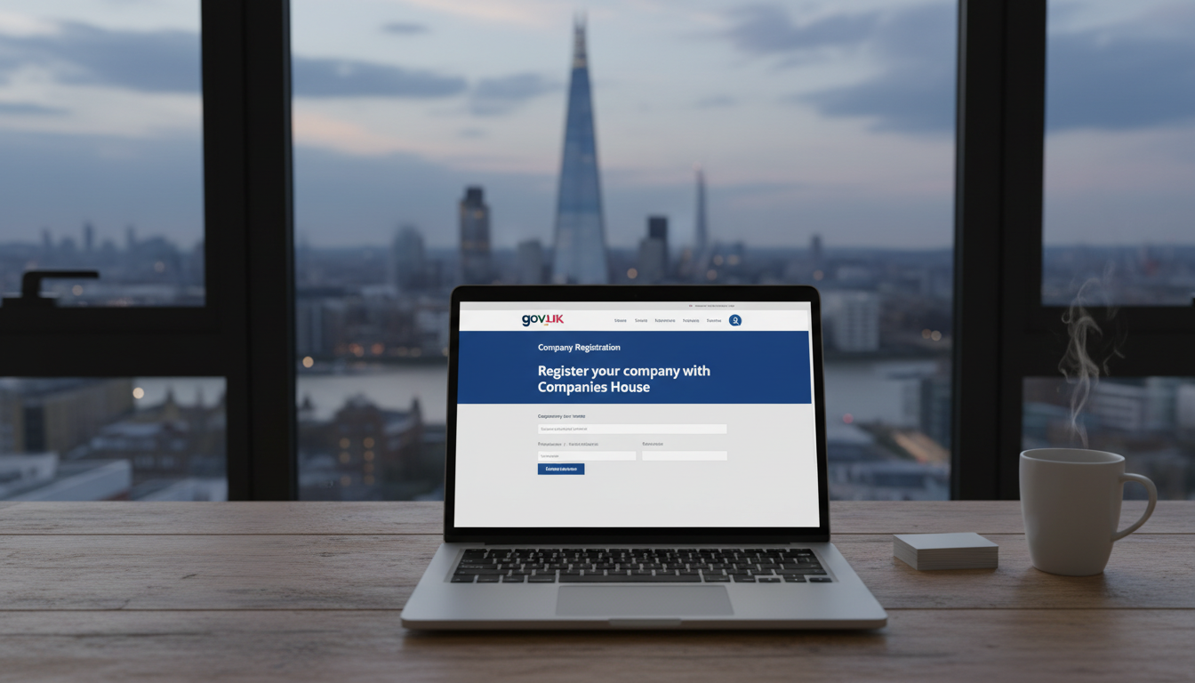 A high-resolution, photorealistic image of a sleek modern laptop on a wooden desk showing the official UK government website for company registration, with a blurred London skyline visible through a window in the background.