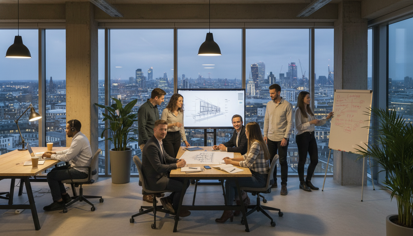 A diverse group of young professionals collaborating in a modern co-working space in London with large windows overlooking the city skyline, photorealistic, 8k resolution, cinematic lighting, professional and casual atmosphere.