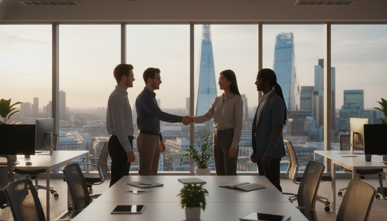 A photorealistic, high-quality image of a diverse group of young entrepreneurs shaking hands in a bright, modern office space with a clear view of the London skyline and the Shard through the window.