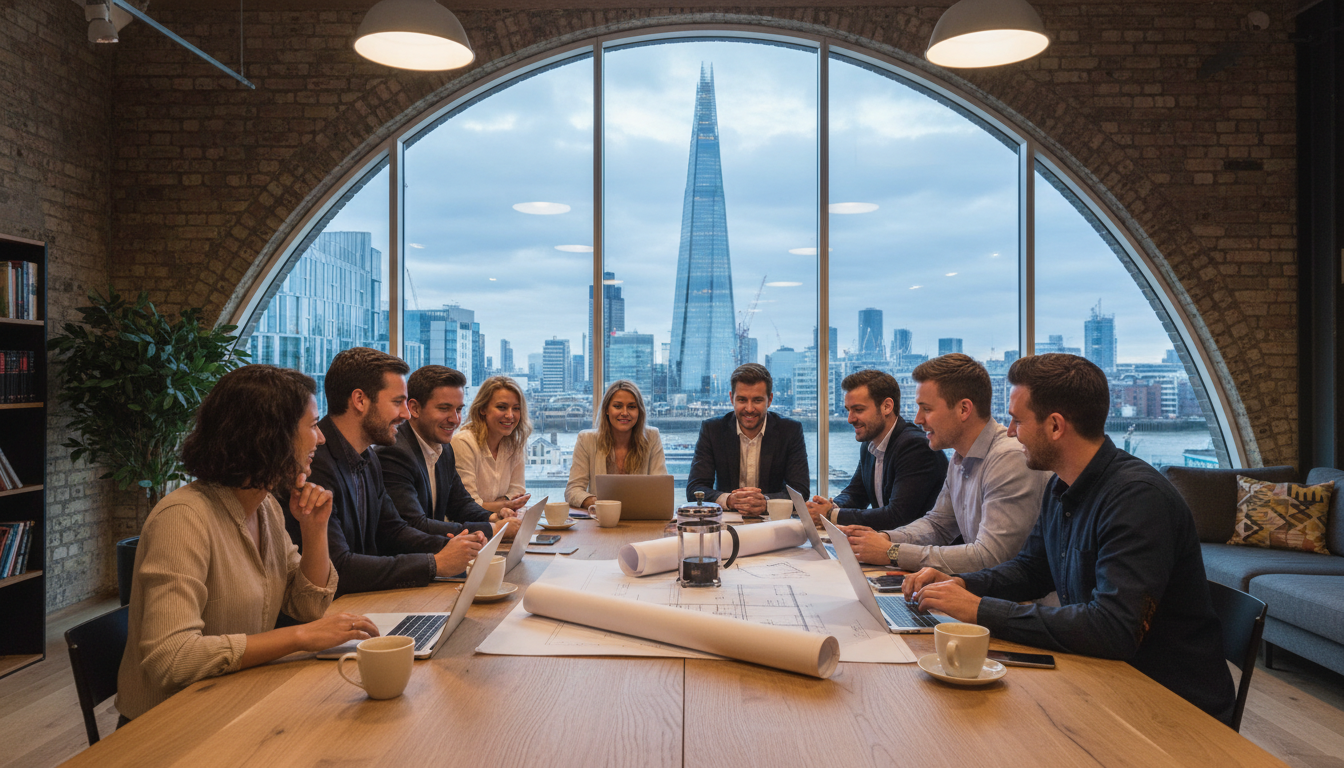 A wide-angle, photorealistic shot of a modern co-working space in London with the Shard visible through the window, featuring a diverse group of young entrepreneurs collaborating on laptops with coffee cups and blueprints on a wooden table.