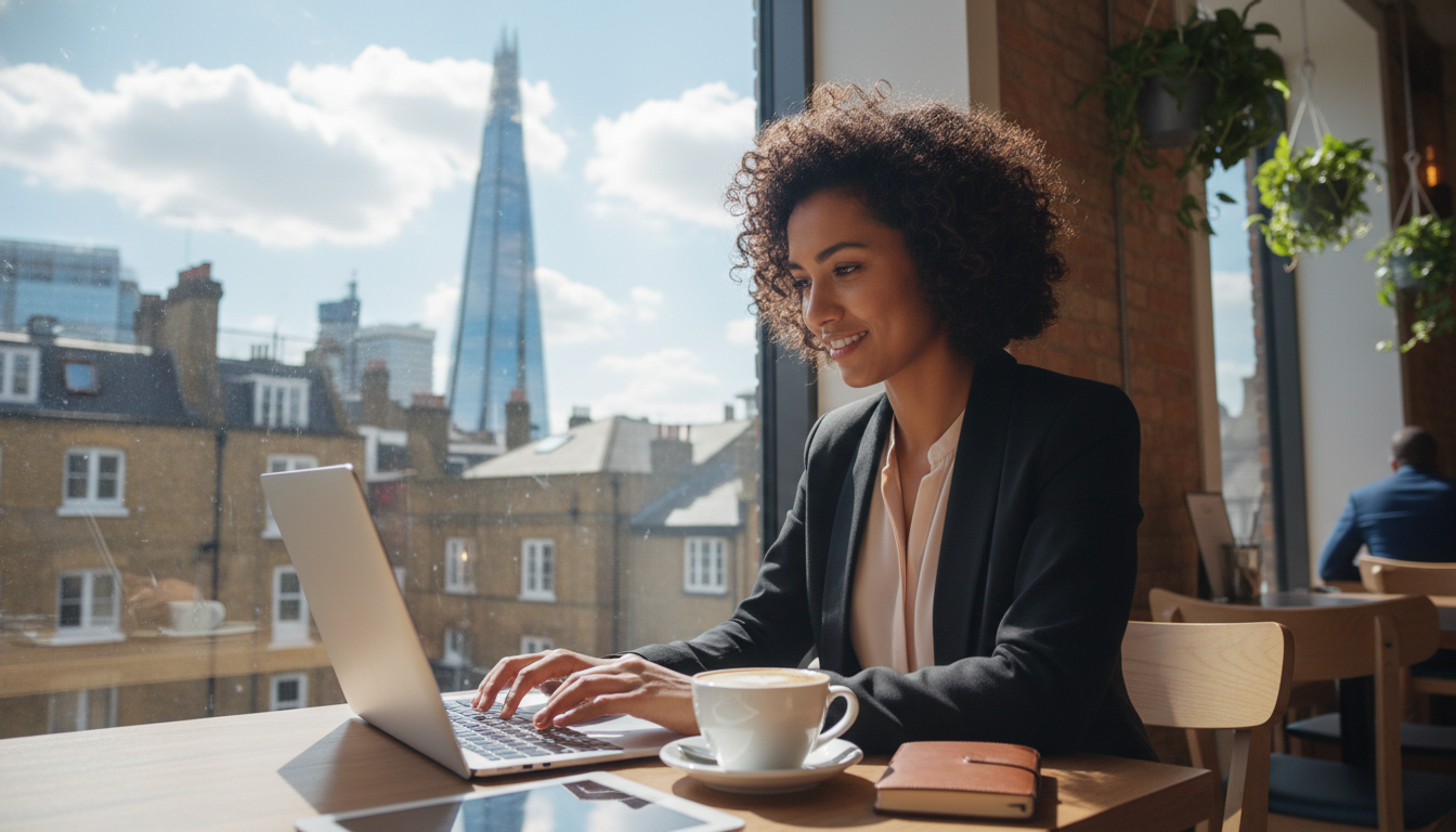 A photorealistic, high-resolution image of a diverse young entrepreneur sitting in a modern, sunlit London cafe with a view of the Shard through the window, working on a sleek laptop with a cup of coffee nearby, looking optimistic and focused.